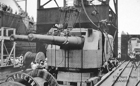 8-inch turret being removed from USS Lexington, 30 March 1942 — photo A