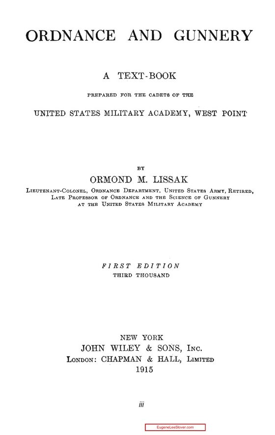 Title page — Ordnance and Gunnery, Ormond M. Lissak, John Wiley and Sons, 1915