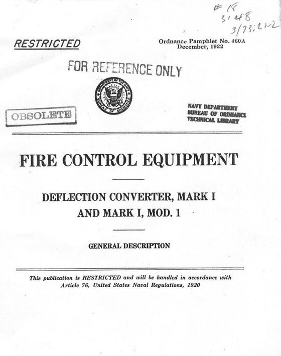 Title page — Ordnance Pamphlet 460A, Fire Control Equipment, Deflection Converter Mark I, December 1922