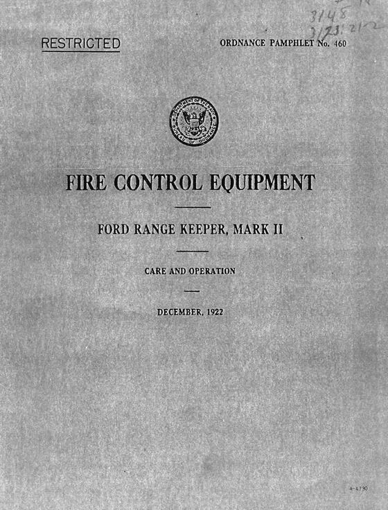 Title page — Ordnance Pamphlet 460, Fire Control Equipment, Ford Range Keeper Mark II, December 1922
