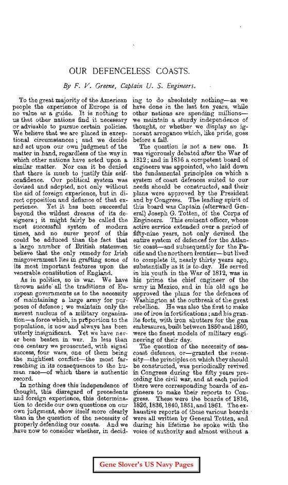 First page — Our Defenceless Coasts by F. V. Greene, Captain U.S. Engineers, 1886