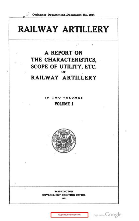 Title page — Railway Artillery, Ordnance Department Document No. 2034, Volume I, 1921