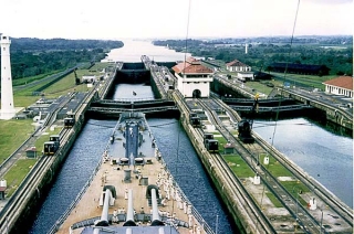Battleship transiting the Panama Canal