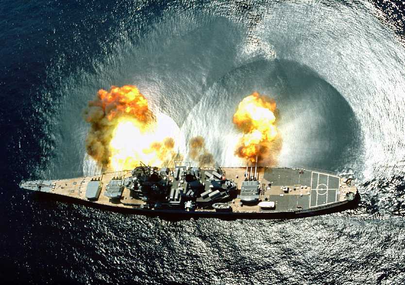 USS Iowa BB-61 firing a 15-gun broadside, 1984