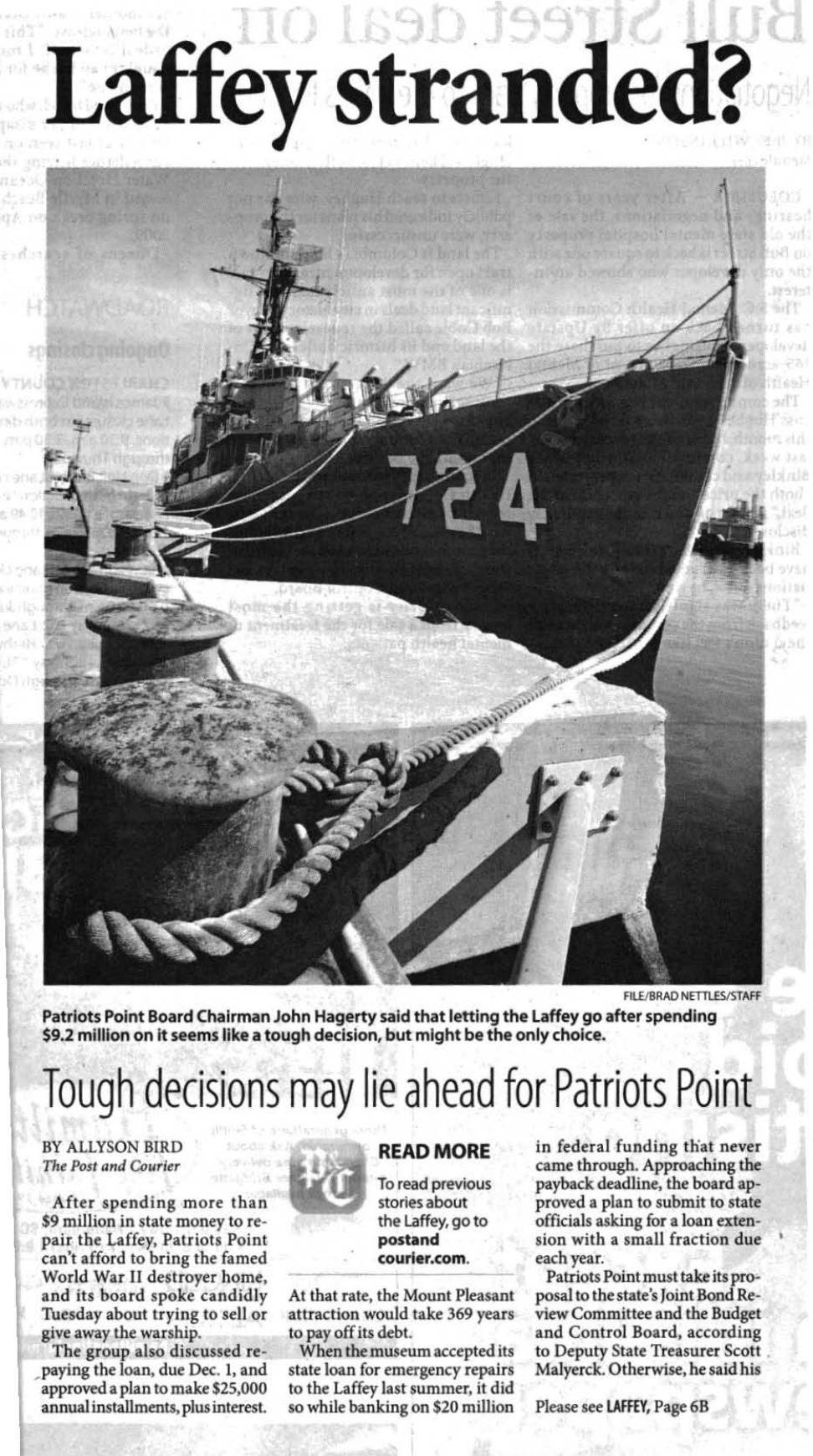 Post and Courier front page: headline 'Laffey stranded?' above a photo of USS Laffey DD-724 moored at a pier, hull number 724 visible on the bow. Subheadline reads 'Tough decisions may lie ahead for Patriots Point.' Reported by Allyson Bird, August 2010.