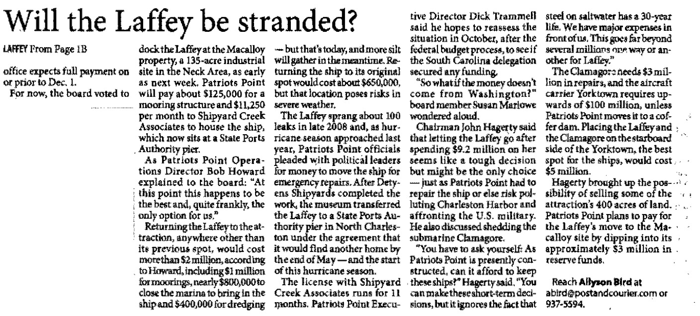 Post and Courier continuation page: headline 'Will the Laffey be stranded?' Article details Patriots Point's $125,000 mooring costs, the $650,000 estimate to return the ship to its original berth, the 11-month Shipyard Creek Associates license agreement, and board members discussing whether the museum can afford to keep the Laffey, Clamagore, and Yorktown. August 2010.
