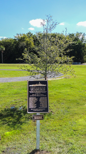 USS Laffey memorial tree and plaque at Patriots Point