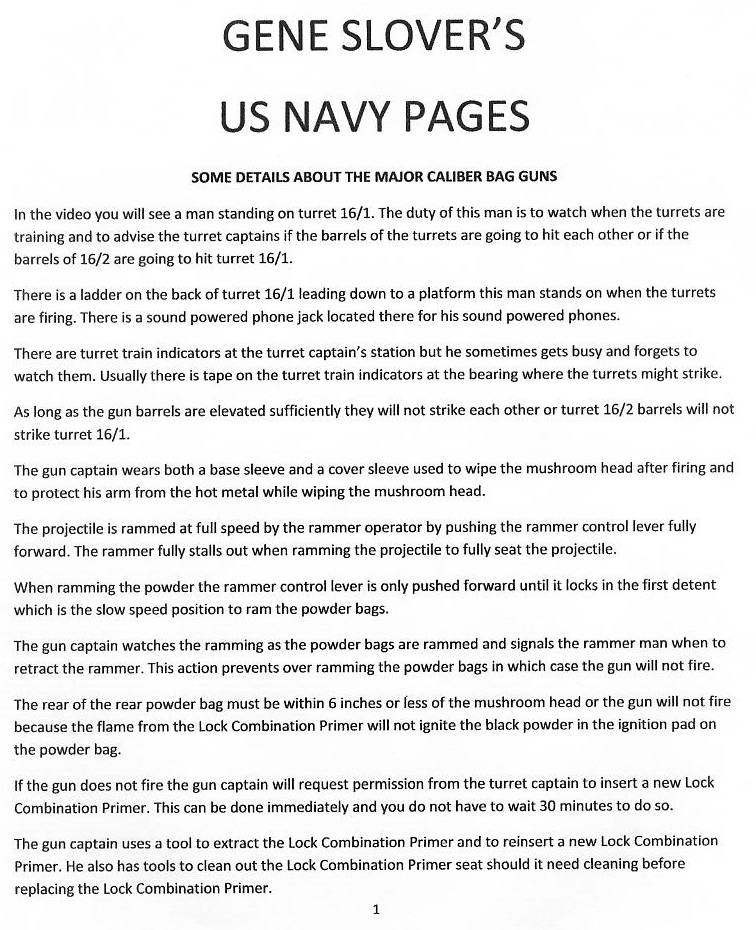 Gene Slover's typed page 1 — Some Details About the Major Caliber Bag Guns: the turret 16/1 lookout, turret train indicators, base and cover sleeves, ramming the projectile and powder bags, the six-inch rule and misfire procedure