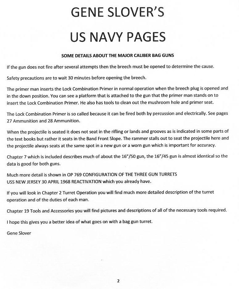 Gene Slover's typed page 2 — misfire procedure, the primer man and the Lock Combination Primer, seating the projectile in the band front slope, and references to Chapter 7 and OP 769