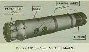 Figure 13B1 — Mine Mark 10 Mod 9 aircraft-laid moored mine with Parachute Pack Mark 14 Mod 1